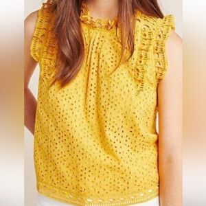 Anthropologie Maeve Yellow Mustard Eyelet Ruffle Top